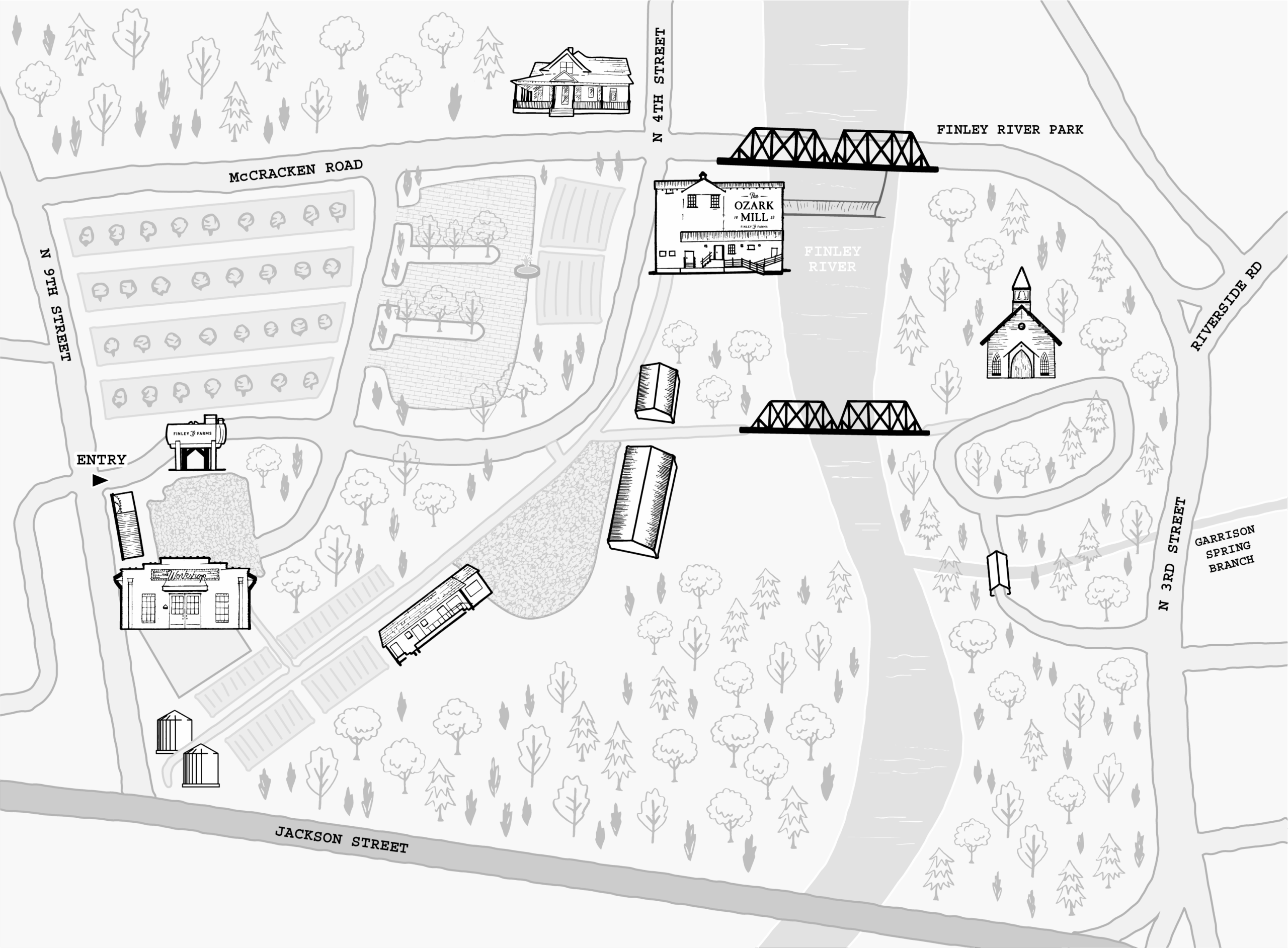 FF Property Map 11x8.5 1.23 B&W WEB53025 property map of finley farms. showing sketches of buildings, farm, river. and bridges